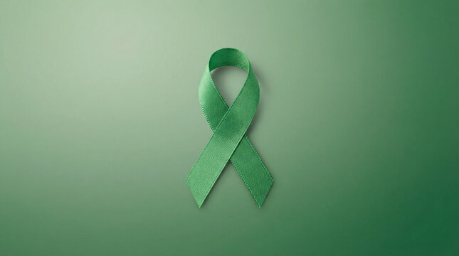 Green ribbon awareness symbol on soft bokeh green gradient background mental health support concept.