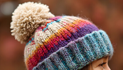 Fototapeta premium A close-up of a colorful knitted hat with a fluffy pom pom on top
