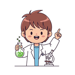 Obraz premium Cute cartoon boy scientist in lab coat holding bubbling flask and pointing finger up with microscope
