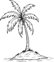 Obraz premium Palm Tree Ocean Island Hand-drawn Sketch Drawing Vector Illustration, Line Linear Symbol Engraving Coloring Book, Black and White Isolated