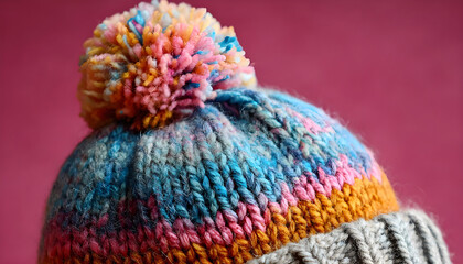A close-up of a colorful knitted hat with a fluffy pom pom on top