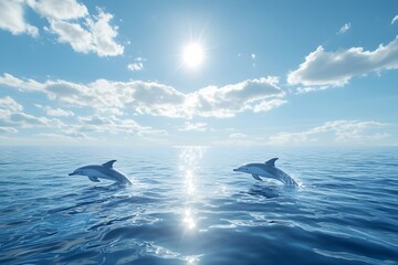 Fototapeta premium Dolphins leap out of the clear seawater, with soft sunlight shimmering on the sparkling sea surface
