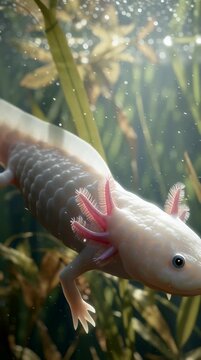 Majestic white axolotl swimming underwater surrounded by aquatic plants