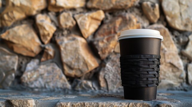 A black coffee cup with a white lid rests on a stone surface. The background features a textured stone wall with various sizes of rocks.