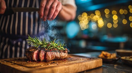 Chef Seasoning Steak with Rosemary on Wooden Board in Professional Kitchen