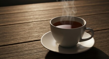 Obraz premium Steaming cup of tea sits on a saucer on a wooden table