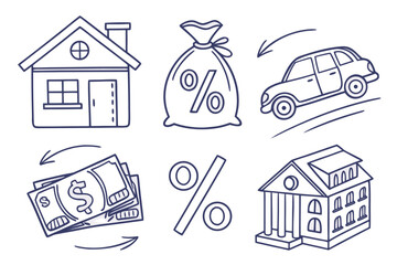 Set of modern house icons and residential home building symbols featuring various roof designs and real estate architecture illustrations for property business concepts