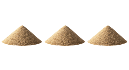 low angle macro view of three separate, neat conical piles of finely sifted brown sand, sharply focused on a transparent background under bright studio light. concept of foundational purity