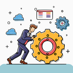 3D vector illustration of a professional businessman with gear icons in a circular design concept representing mechanical engineering and modern technology work