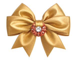 A lustrous golden bow with a jeweled embellishment at its center