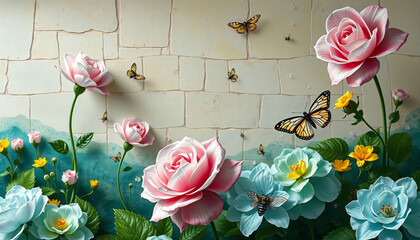 Beautiful pink tulips and colorful Easter eggs form a floral spring bouquet on a rustic wooden background to celebrate the beauty of nature and the bloom of a new season