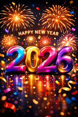 Happy New Year 2026 Celebration with Colorful Fireworks and 3D Numbers