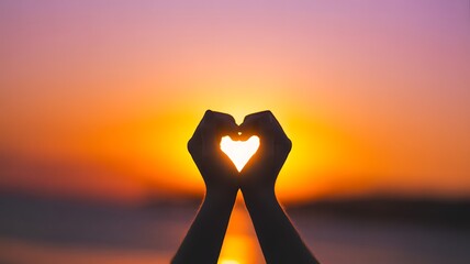 Silhouetted Hands Forming Heart at Sunset Illustration for Love and Romance