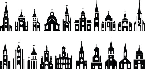 Church building silhouettes set featuring various Christian cathedral and chapel designs, black architecture icons collection for religion, faith, cityscape, and design projects