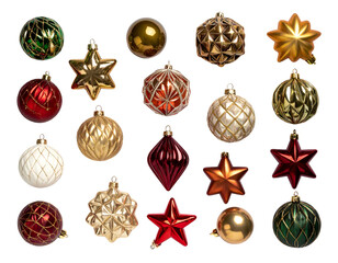 Assorted reflective ornaments stars, spheres, faceted, diamond shapes