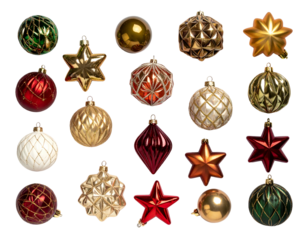 Assorted reflective ornaments stars, spheres, faceted, diamond shapes