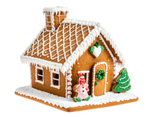 Sweet gingerbread house with icing and festive decorations