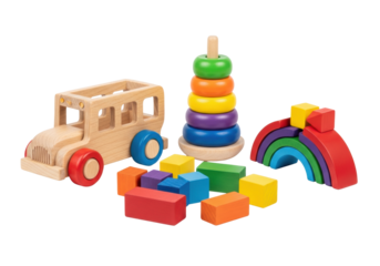 composition of hyperdetailed, eco-friendly wooden toys: polished school bus, painted ring tower, and blocks, sharply focused against a transparent studio backdrop. concept of high-quality early
