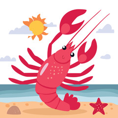 Cute red cartoon sea crab vector illustration featuring sharp claws and a shell design, a nature-inspired crustacean icon perfect for beach and ocean themed seafood graphics
