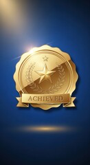 Golden medal with ribbon glowing in spotlight, symbolizing achievement, recognition and celebration of success.