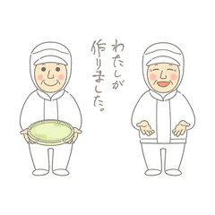 食の安全をアピールする無塵服を着た生産者のおじさんのイラストと手書き文字のセット