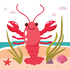 Cute cartoon vector illustration of a red crab, lobster, and shrimp character set featuring funny marine crustaceans and seafood shellfish isolated on white
