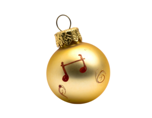Golden holiday sphere with musical notes and swirls