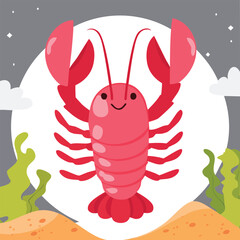A red cartoon crab character and seafood crustacean vector illustration with a sharp claw isolated on a white background