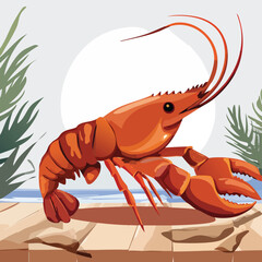 Gourmet red lobster on ice, a plate, and a wooden board presents fresh raw seafood like shrimp and prawns for a closeup nature shot of isolated shellfish crustaceans with a large claw