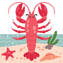 A vibrant red cartoon vector illustration of a marine crustacean crab with a hard shell and sharp claws isolated on a white background as a sea animal icon
