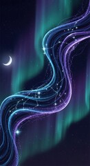 Boreal Night Scene with Aurora Lights Over a Starry Landscape.