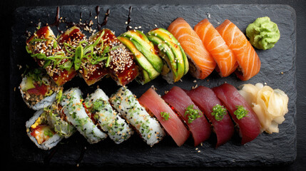 Macro image of a vibrant sushi platter featuring various rolls, sashimi, and wasabi, garnished with sesame seeds and served on a black slate