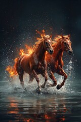Fire Horse zodiac symbol illustrated as powerful horses with flames and water splashes. Decorative artwork for wall art, poster, print and interior design categories.