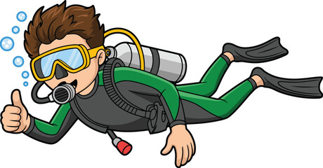 Cartoon scuba diver illustration showing underwater swimming with diving gear and thumbs up gesture, marine adventure character for education, travel, and design