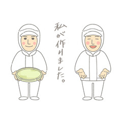 作り手の顔が見える商品や生産物などを若い男性が紹介するイラスト