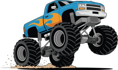 Colorful monster truck illustration with oversized tires performing off road action isolated on white background for motorsport racing and extreme vehicle design © Julfikar