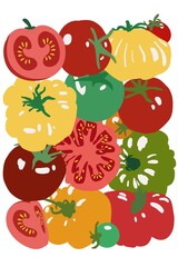 Tomato set with whole tomato, cherry tomatoes on branch, slices and cut pieces. Fresh organic vegetables for cooking, salad, healthy eating. Flat vector illustration on white.