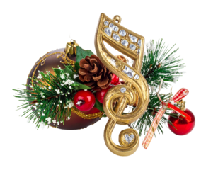 Golden musical note with festive ornaments and pine sprigs