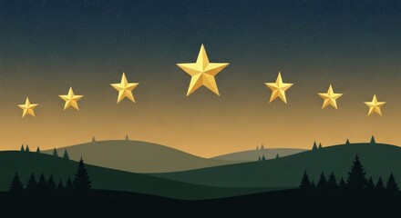 Starry night sky above rolling hills with silhouetted trees.