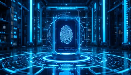 Futuristic biometric authentication system with fingerprint scan in high tech server room