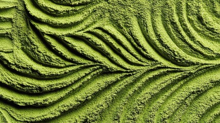 Delicate matcha powder, featuring subtle green ripple patterns and smooth swirls, highlighting the natural vibrant color of the green tea powder and its fine, powdery texture.