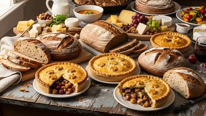 A rustic wooden table laden with an assortment of freshly baked breads and pies, accompanied by various cheeses and fruits. ©  creativejahid