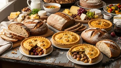A rustic wooden table laden with an assortment of freshly baked breads and pies, accompanied by various cheeses and fruits. ©  creativejahid