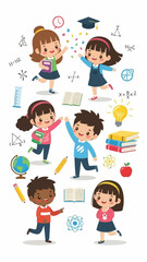 Fototapeta premium Cute school children character set, happy elementary students with education supplies, flat vector illustration of diverse kids back to school