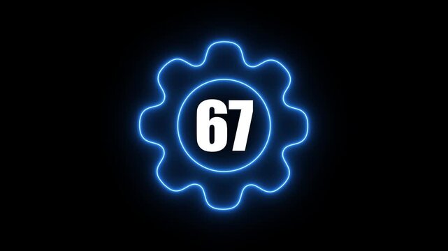 Glowing blue gear with number 67 neon light effect on black background technology and industrial concept