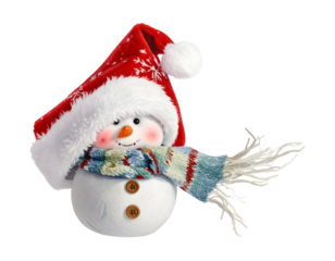 Cheerful snowman in Santa hat and scarf, festive, winter