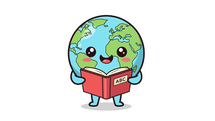 Globe character reading book with big eyes and smiling face on white background Image