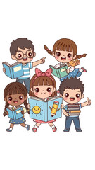Children reading books together happily in a group illustration
