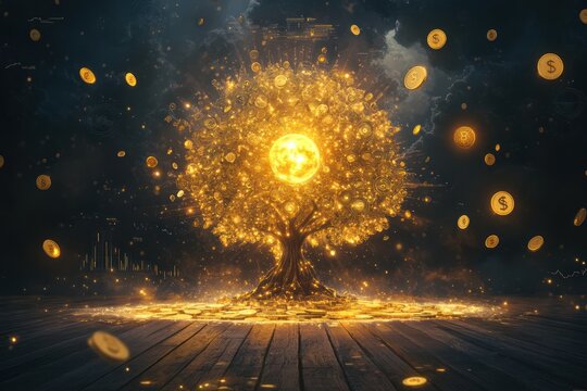 Golden tree of wealth, illuminated by glowing coins, raining down on a wooden platform.  A surreal,  wealth-generating concept