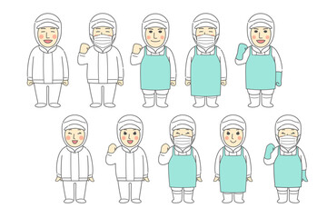 若い男女のいろいろなポーズ、表情、作業服（無塵衣・エプロン・マスク）の組み合わせイラストのセット